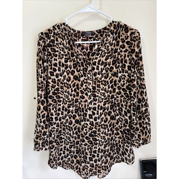 NYDJ Tops - NYDJ Black Brown Leopard Print Henley Pleat Back 3/4 Sleeve Tunic Blouse Size Sm